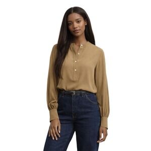 EVERLANE Washable Silk Henley Blouse Minimalist Workwear in Fennel Seed 12